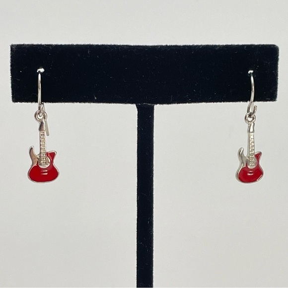 Red and Silver Tone Enamel Guitar Dangle Earrings - Picture 3 of 6